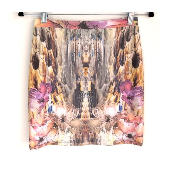 Johanne Beck Abstract Floral Mini Skirt Pink Brown Size Small Made USA Stretch - Picture 2 of 4